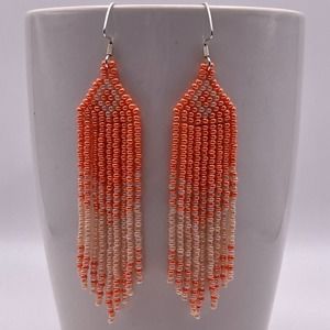 Seed Bead Fringe Dangle Earrings Orange Peach Glass Beads Beadwork Beaded Long